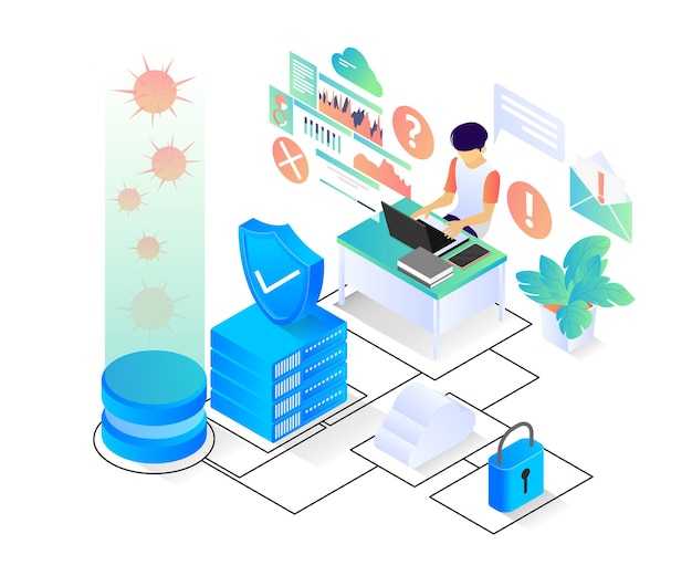 コンピュータウイルス対策に関する現代のアイソメトリックスタイルの図