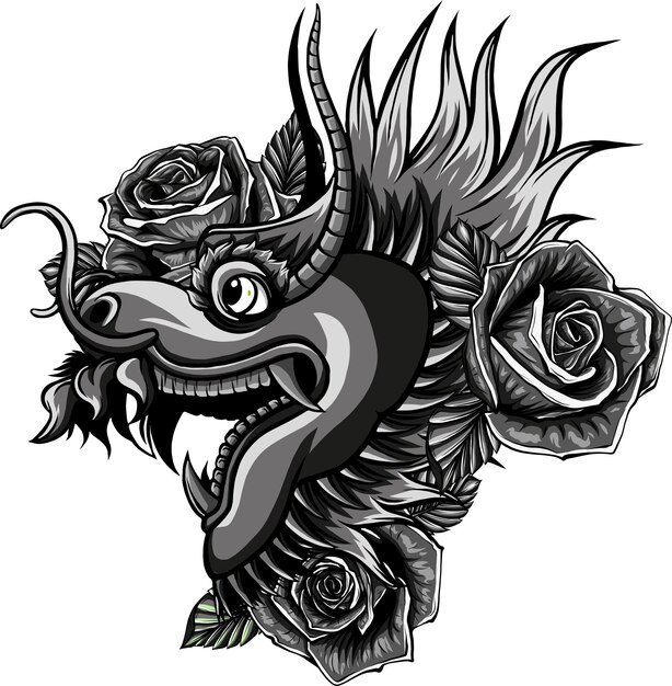 ベクトル モノクロの日本の龍のタトゥーのイラスト
