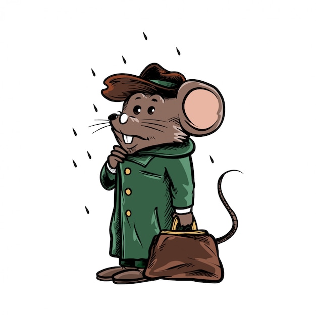 Иллюстрация мыши носить пальто принести сумку в дождливый день