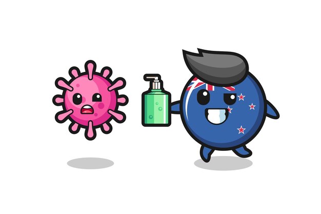 Иллюстрация персонажа значка флага новой зеландии, преследующего злой вирус дезинфицирующим средством для рук