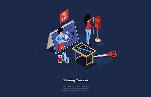 Иллюстрация онлайн-курсов обучения шитью. дистанционное исследование изометрической концепции композиции в мультяшном стиле 3d