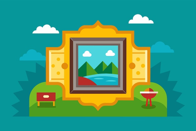 ベクトル illustration of ornate picture frame with landscape painting displayed outdoors with blue sky clouds green grass and a small table and drawer beside it