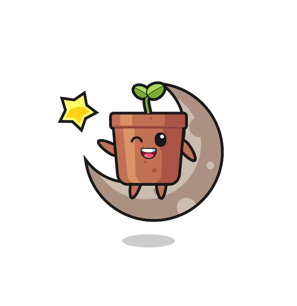 Иллюстрация мультфильма о горшке с растением, сидящего на полумесяце