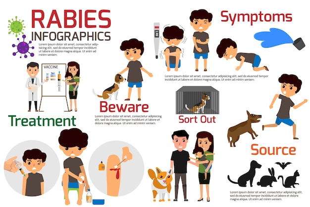 Иллюстрация бешенства, описывающего симптомы и лекарства или вакцину.