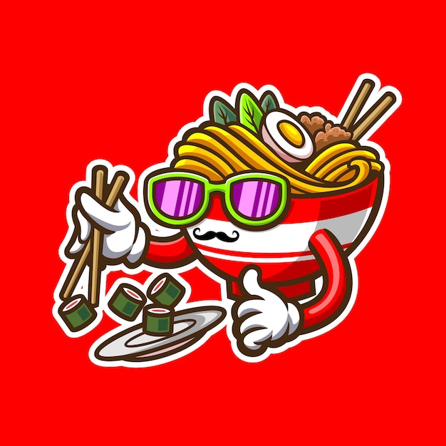 ベクトル 寿司を食べるラーメンキャラクターのイラスト