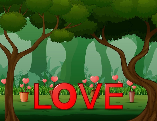 森の背景に赤い単語loveのイラスト