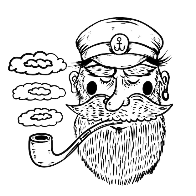 白い背景の上の喫煙パイプと船長のイラスト。ポスター、tシャツの要素。図