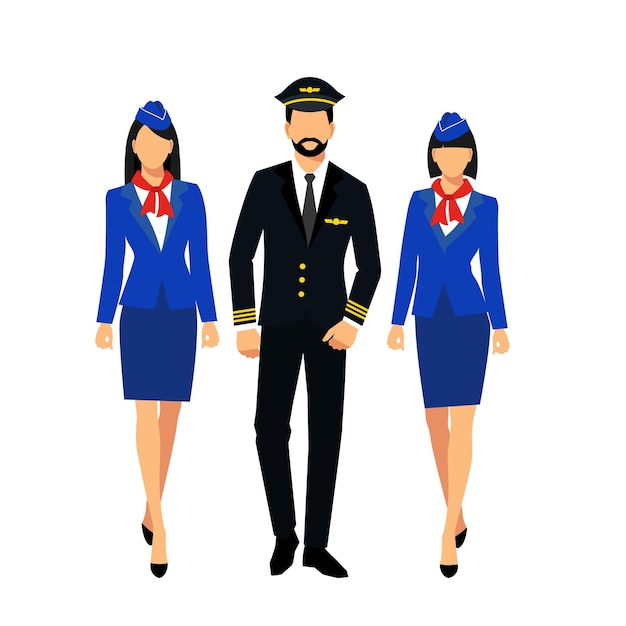 ベクトル 青い制服を着たスチュワーデスのイラスト2人の客室乗務員とパイロット