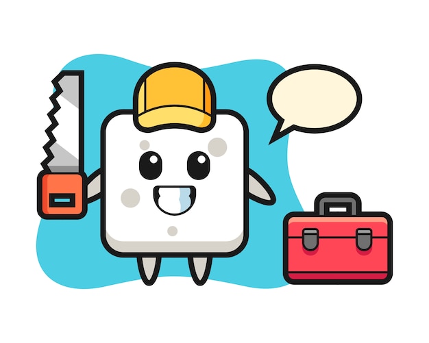 Иллюстрация персонажа сахарного кубика как столяр, милый стиль для футболки, стикер, элемент логотипа