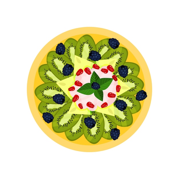 ベクトル おいしいフルーツ料理のイラスト スライスしたキウイ メロン熟したブラックベリーと黄色のプレート上面にヨーグルトおいしい食べ物漫画スタイルのアイコン白い背景に分離されたカラフルなフラット ベクトル