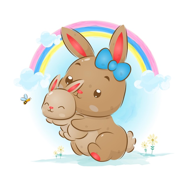 Иллюстрация большого кролика, держащего маленького кролика