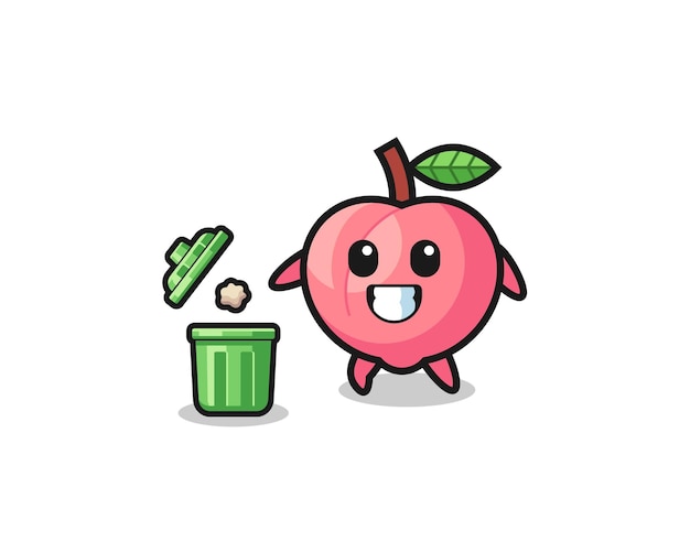 桃がゴミ箱にゴミを捨てるイラスト かわいいデザイン プレミアムベクター