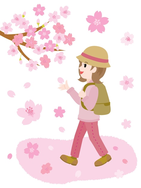 春に桜を見ている女性のイラスト