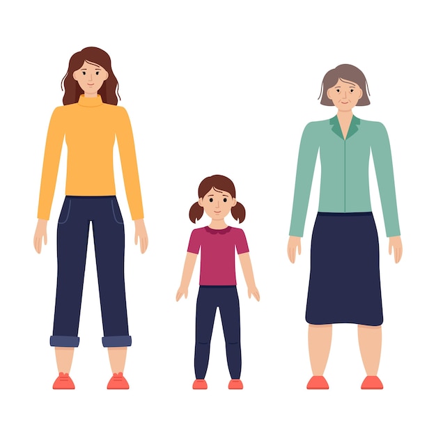 Иллюстрация трех возрастов женщин от ребенка до старшего, векторные иллюстрации