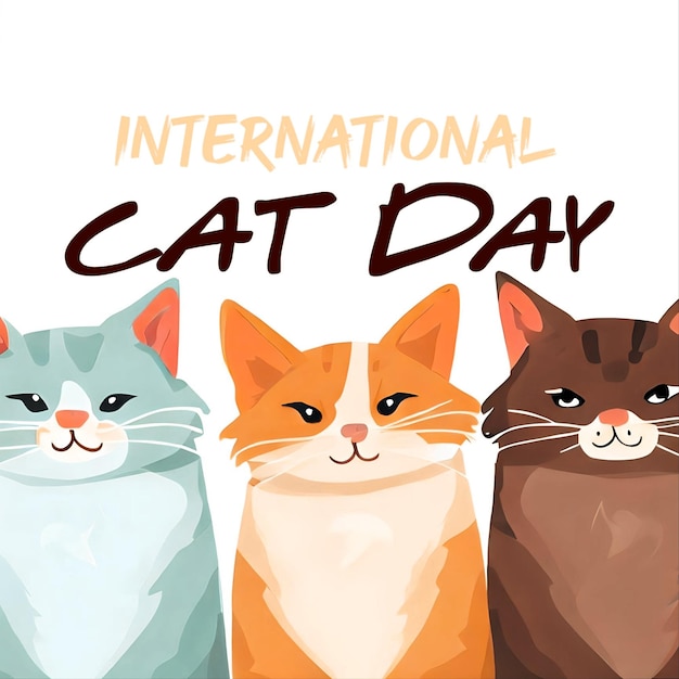 白い背景に「国際猫の日」というテキストが付いた 3 匹の猫のイラスト ジェネレーティブ ai