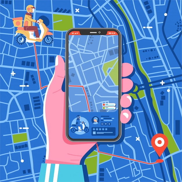 ドライバーがどこにいるかを知るための地図付きのスマートフォンの交通アプリのイラスト