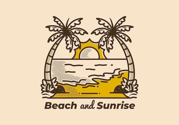 ベクトル 2 つの椰子の木とビーチの大きな太陽のイラスト