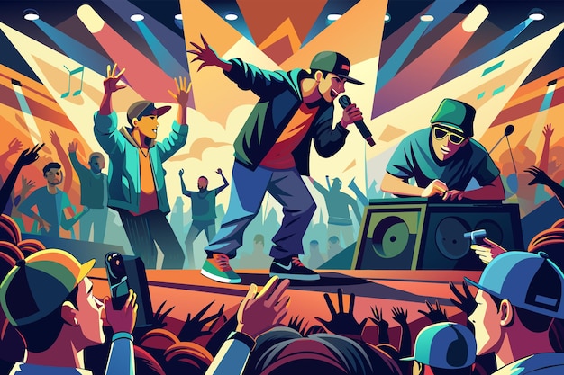 Вектор Иллюстрация двух мужских рэп-артистов, энергично выступающих на динамиках перед возбужденной толпой на открытом хип-хоп-концерте с динамичным красочным фоном, демонстрирующим мотив заката