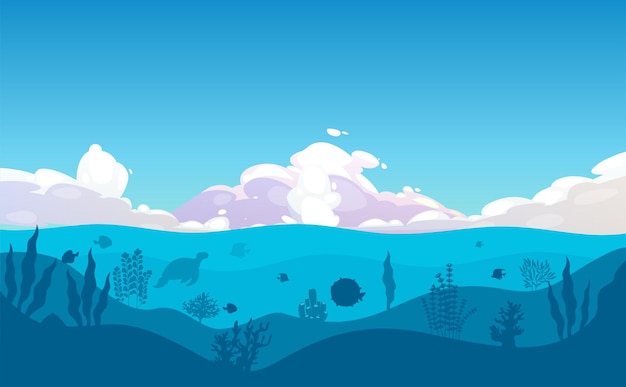 벡터 하늘 큰 구름 동물군 산호초 해초 조류 식물 물고기 실루엣 바다 표면과 수중 표면의 그림