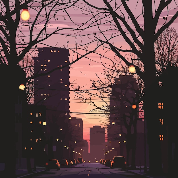 Illustrazione di una silhouette urbana con un crepuscolo