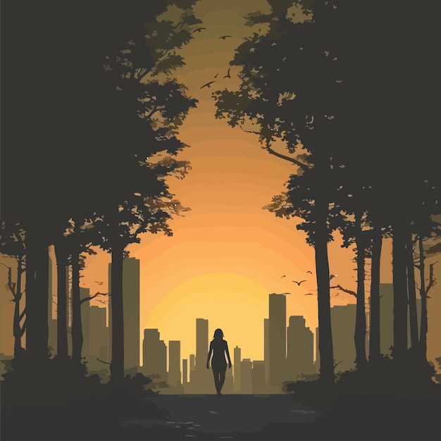 Vettore illustrazione di una silhouette urbana con un crepuscolo