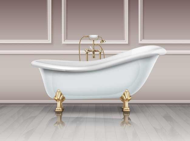 Вектор Иллюстрация белой ванны в винтажном стиле с золотой ногой когтя. ванна на полу на фоне коричневой стены.