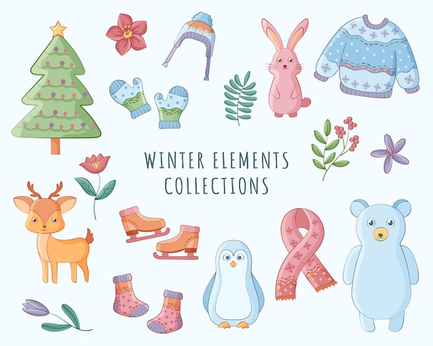 Иллюстрация коллекций зимних элементов с милым стилем