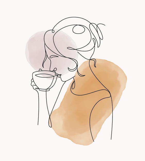 最小限の線画スタイルでコーヒーを飲む女性のイラスト