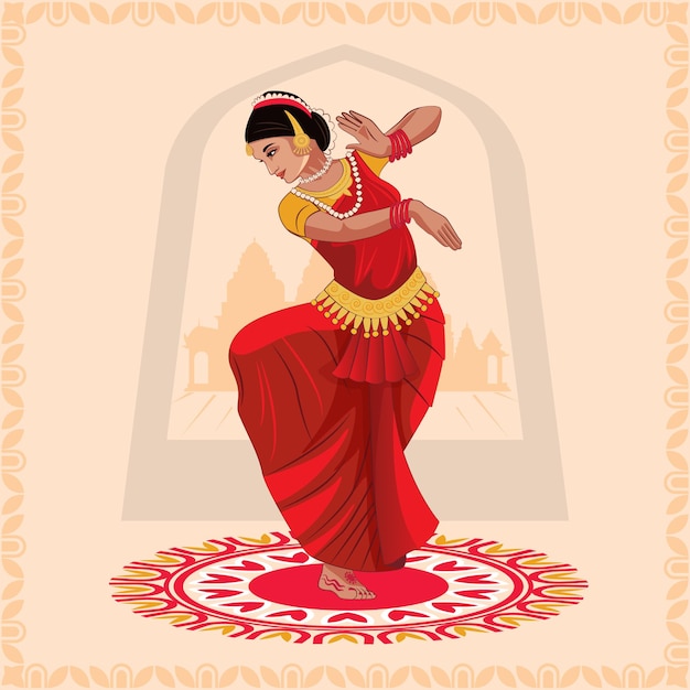 Вектор Иллюстрация женщины, исполняющей танец кучипуди, традиционный народный танец индии варот натьям 1