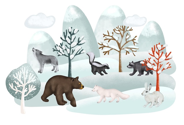 Иллюстрация лесных животных в зимнем лесном пейзаже