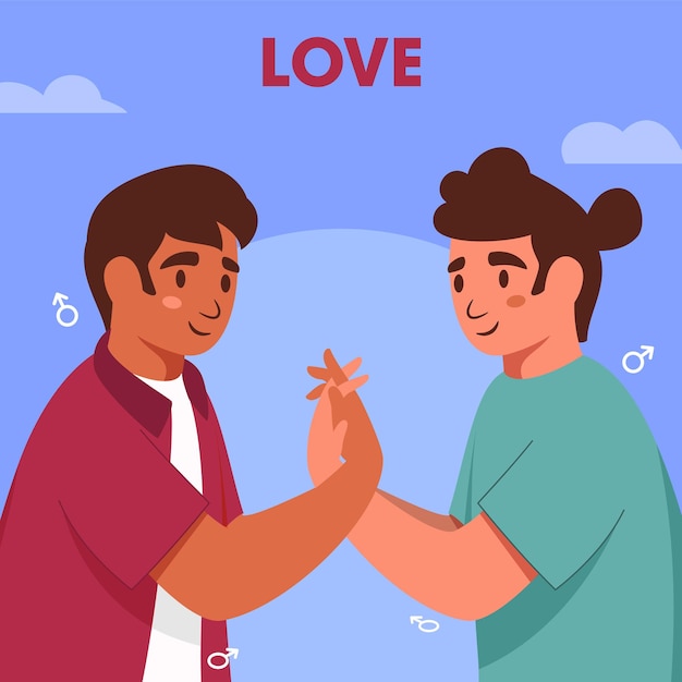 사랑 개념에 대 한 파란색 배경에 서로 손과 화성 기호를 잡고 젊은 게이 커플의 그림