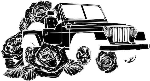 Vector illustration of off road car with roses