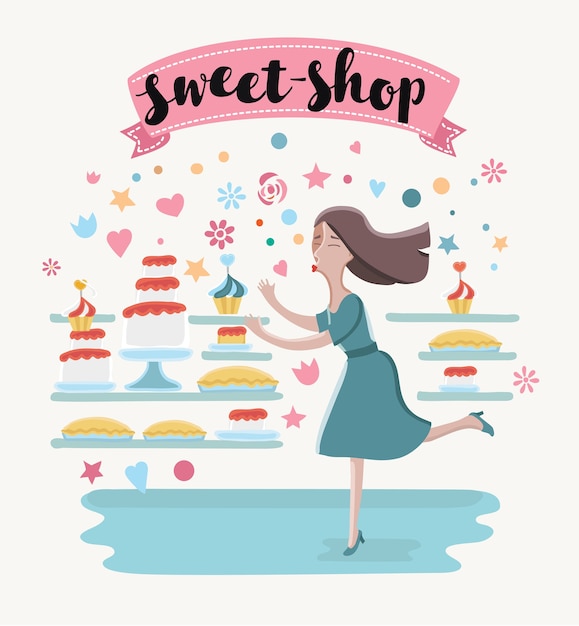 벡터 sweetshop에서 행복 한 만화 여자 그림