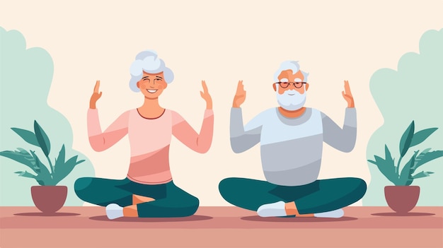 an illustration of an old couple doing yoga