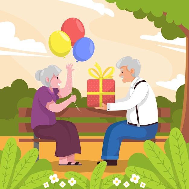 Vector an illustration of an old couple with balloons and a gift