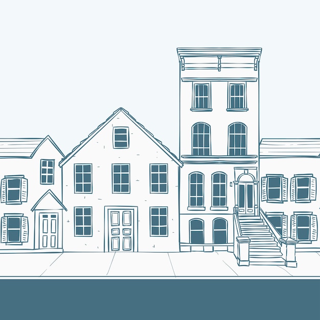 Illustration of old downtown house and apartment vintage hand drawn