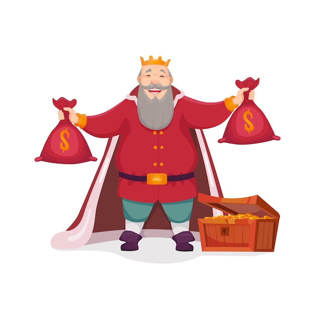 Illustration of an old king standing in treasure chamber and holding bags of gold in his arms. Greedy emotion, treasure chamber, taxes.