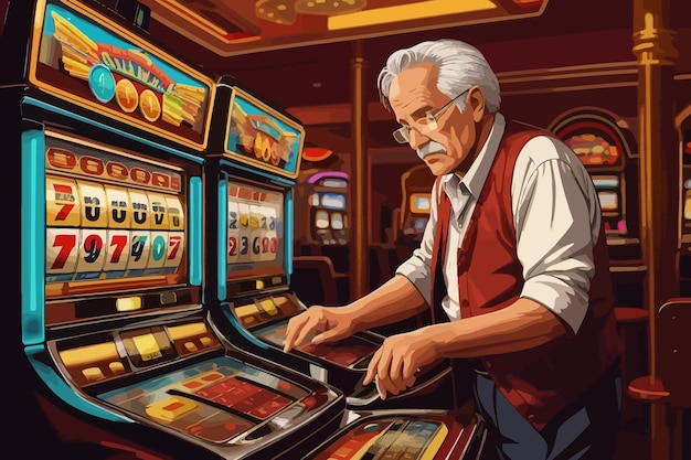 Vector illustration old man gambling money chips and coins