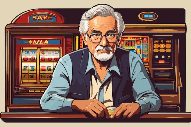 Vector illustration old man gambling money chips and coins