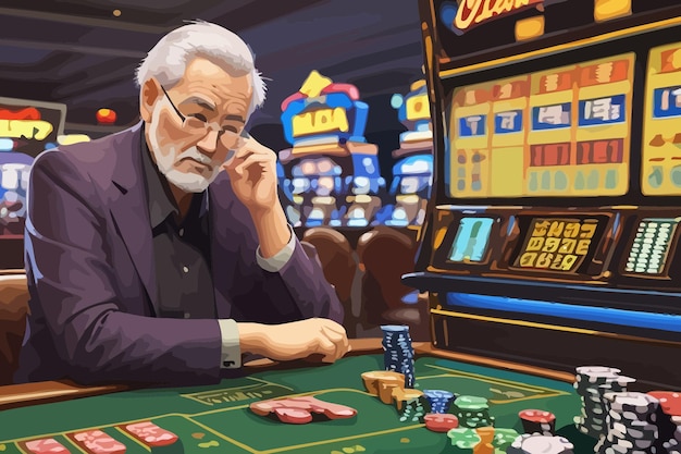 illustration old man gambling money chips and coins