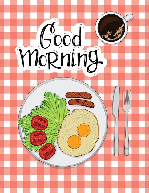 Illustration of omelet with sausages, tomato and coffee