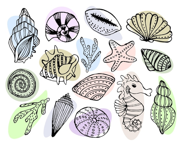 Иллюстрация на морскую тему набор рисованных ракушек морские звезды морские коньки