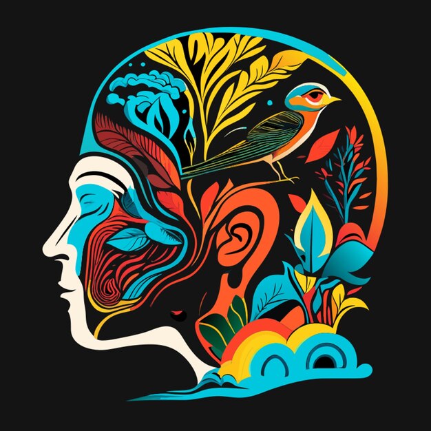 illustration of a one side human head another side fill with bird for tshirt design style black back