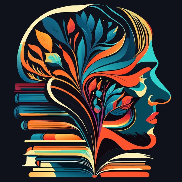 Vector illustration of a one side real human head another side fill with books for tshirt design style
