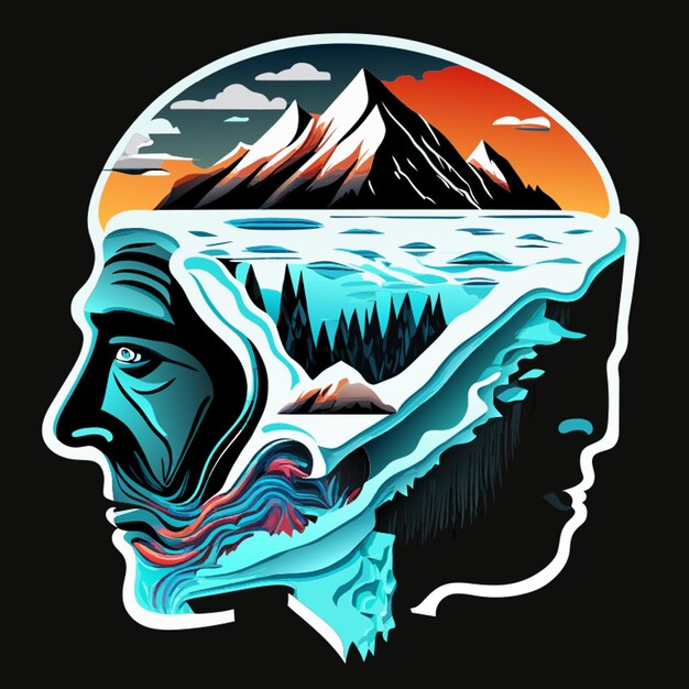 illustration of a one side real human head another side fill with iceberg for tshirt design style