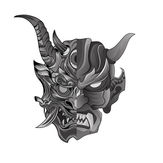 Illustration of an oni mask devil foor tattoos black and white scary japanese demon mask