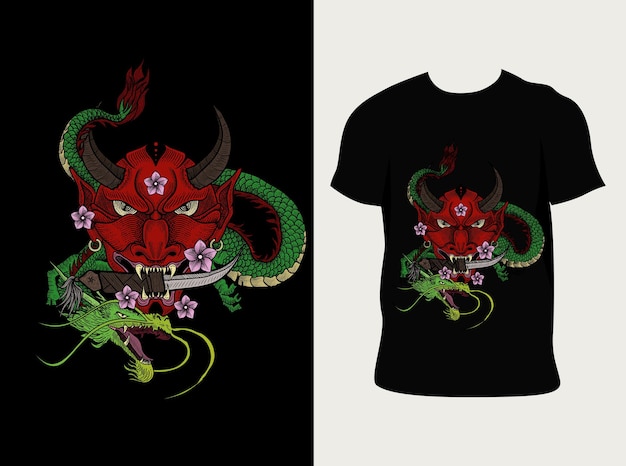 Drago maschera di illustrazione oni con design t-shirt