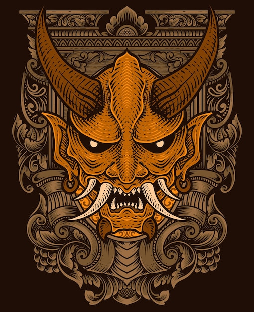 Illustration oni mask with engraving ornament