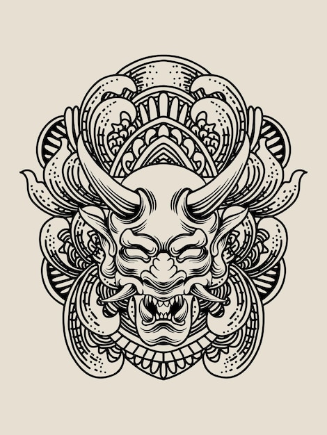 Illustration oni mask with engraving ornament