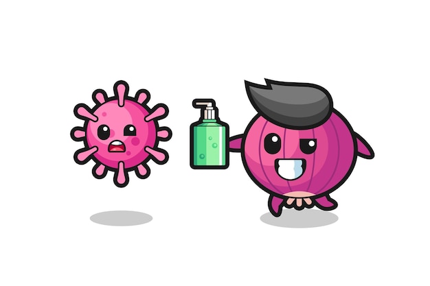Illustrazione del personaggio della cipolla che insegue il virus malvagio con un disinfettante per le mani